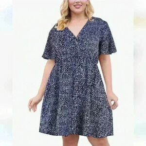 NEMIDOR | Women's Navy/White Dot Casual  V-Neck Faux Wrap Midi Dress